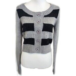 Daytrip Gray & Black Striped Button Front Crop Cardigan, Sequin Detail, M
